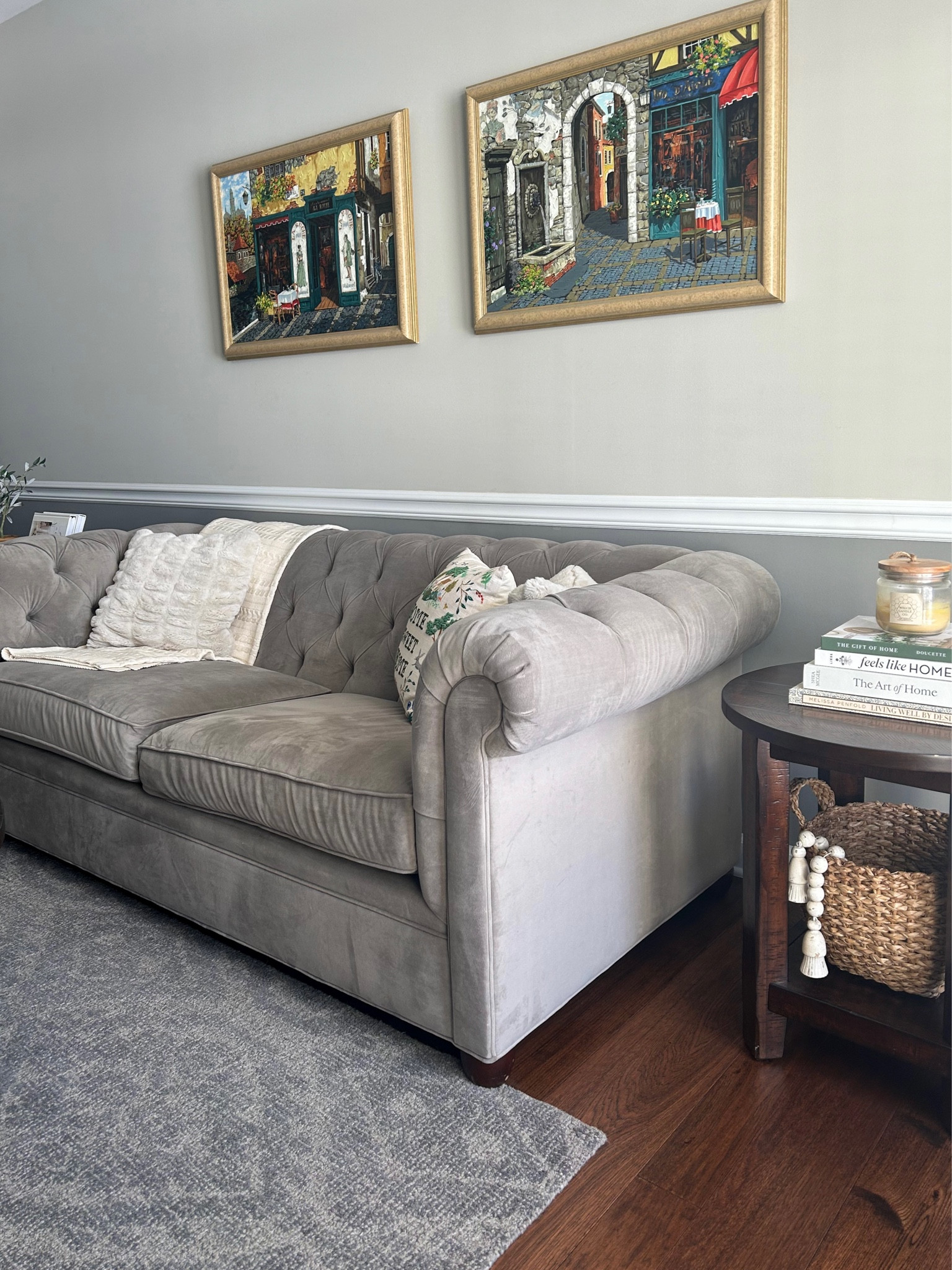 Cozy Living Room Furniture and Decor

*paintings are one of a kind, but similar options are listed.
*exact rug color isn’t available anymore, but the rug type is linked.
*embroidered pillow isn’t available any longer, but similar options from the same brand are linked.
*a similar beaded accent is listed, as the original is not sold anymore.