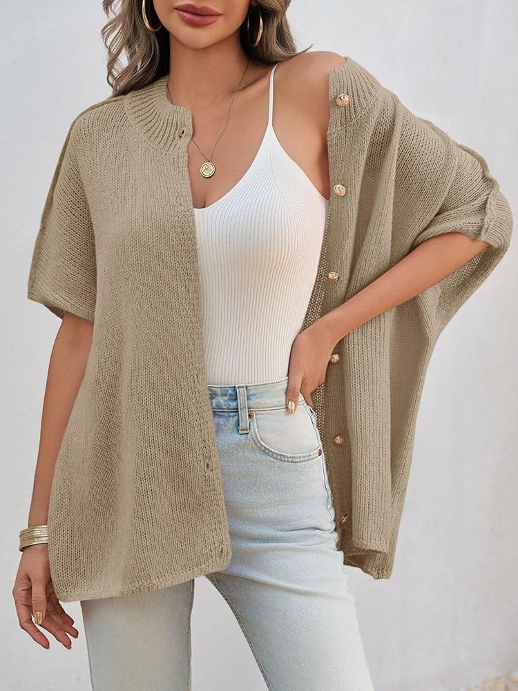 Saodimallsu Womens Oversized Cardigan Sweaters Short Sleeve Button Down Casual Lightweight Loose ... | Amazon (US)