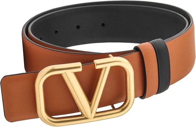 WASUPPLY V Letter Metal Golden Pin Buckle Leather 3.8cm Wideth Belt For Women | Amazon (US)