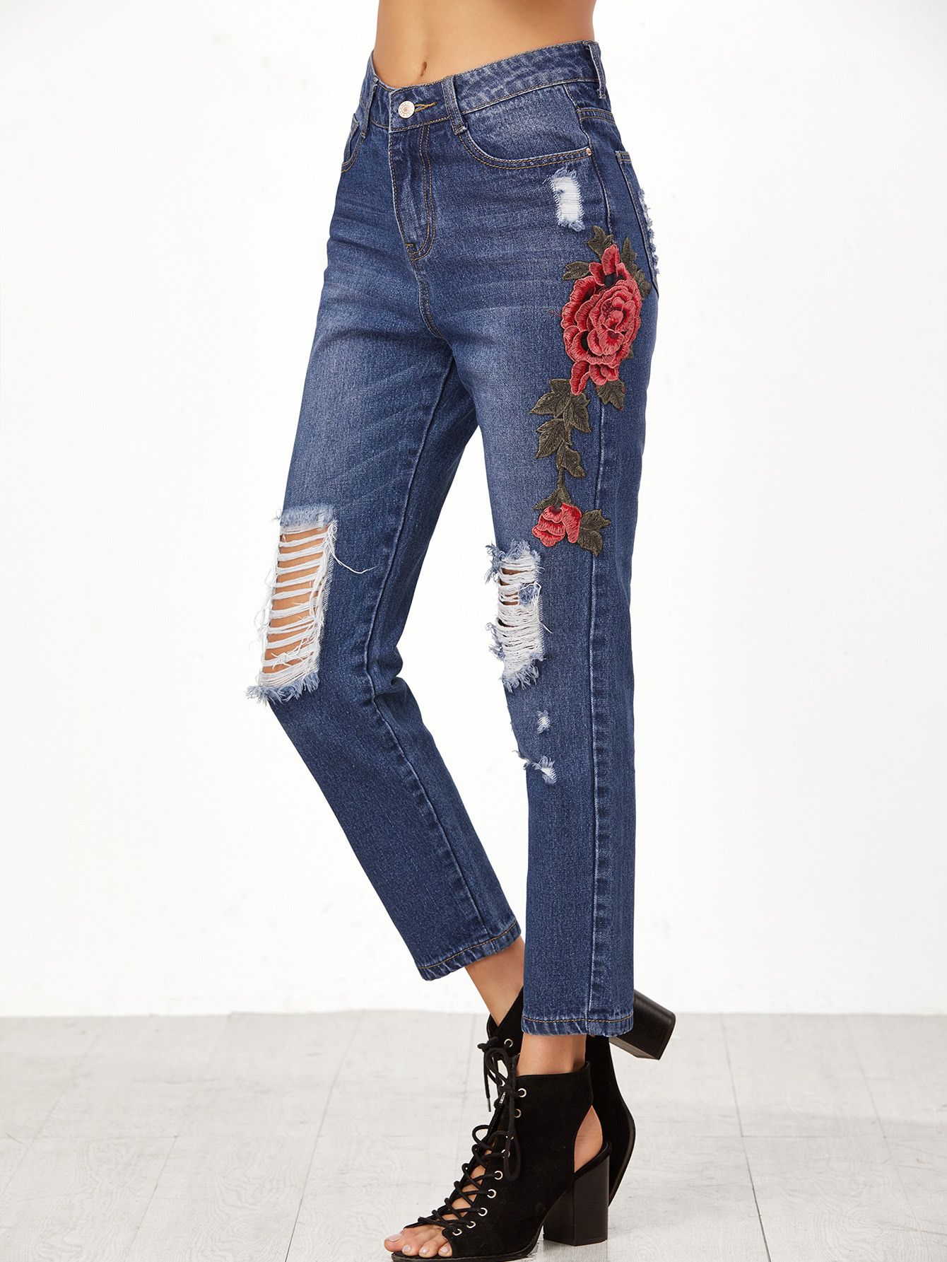 Blue Embroidered Rose Applique Distressed Jeans | SHEIN