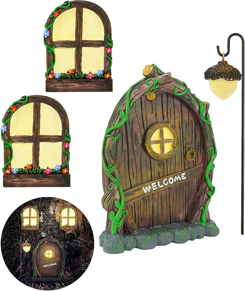 Miniature Gnome Fairy House Window and Door for Trees, Glow in The Dark Yard Art Garden Sculpture... | Amazon (US)