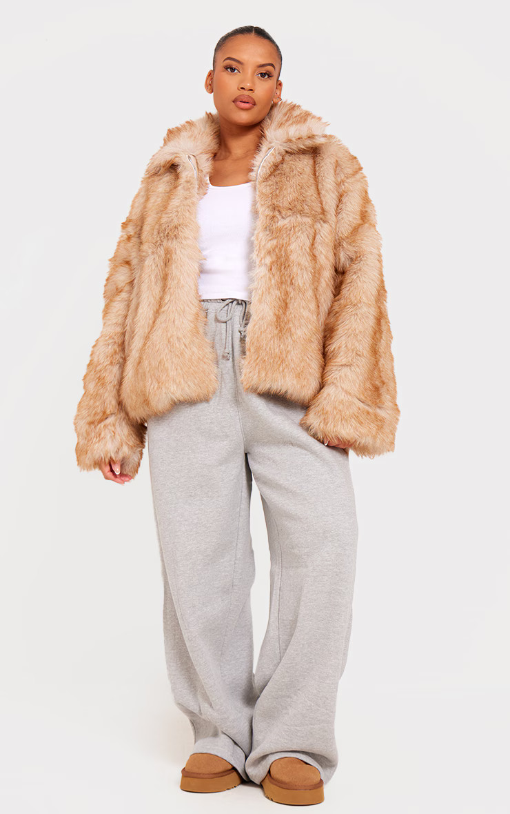 Plus Beige Tipped Faux Fur Collar Detail Jacket | Plus Size | PrettyLittleThing US