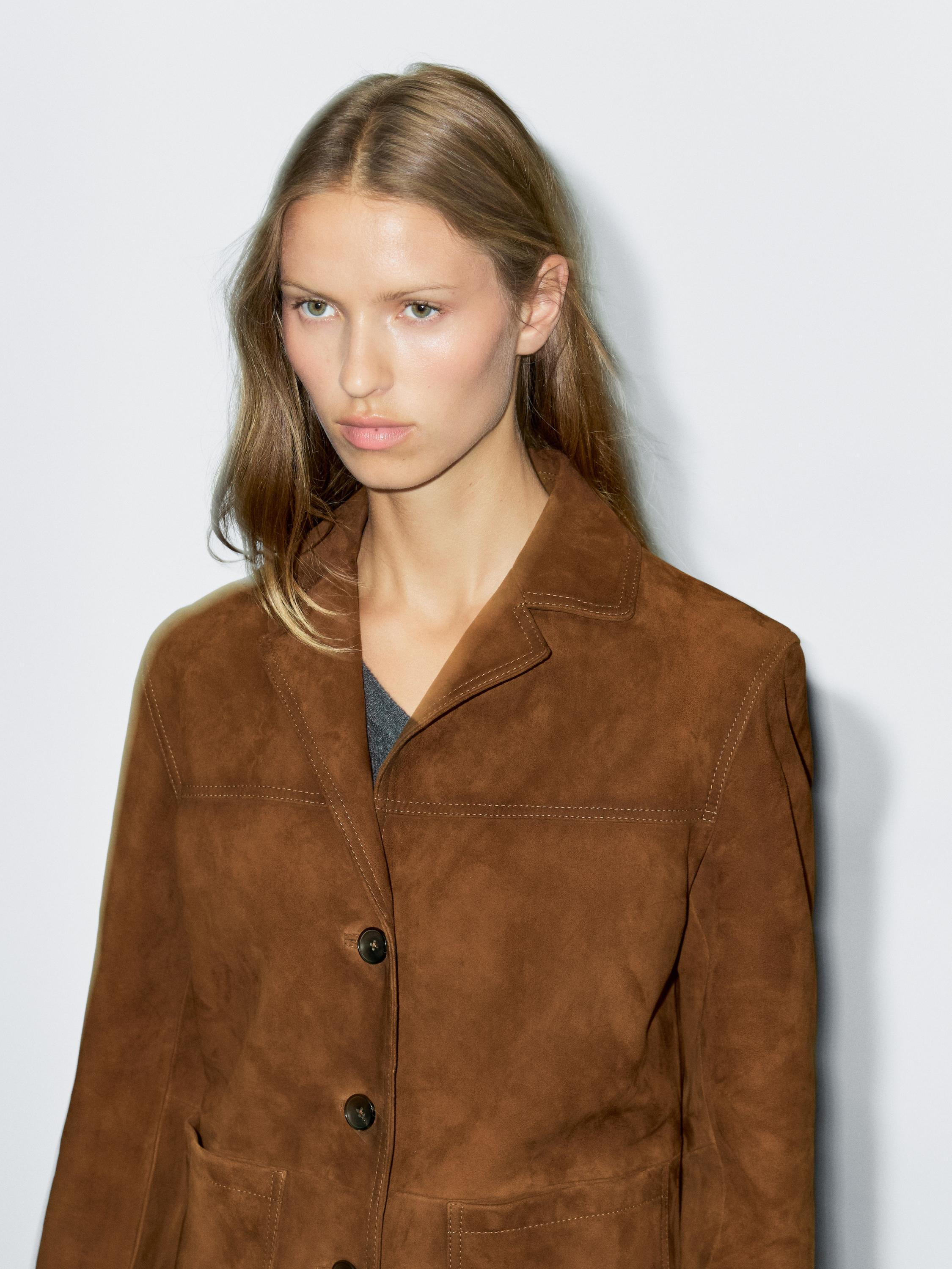 Suede leather blazer with topstitching | Massimo Dutti US
