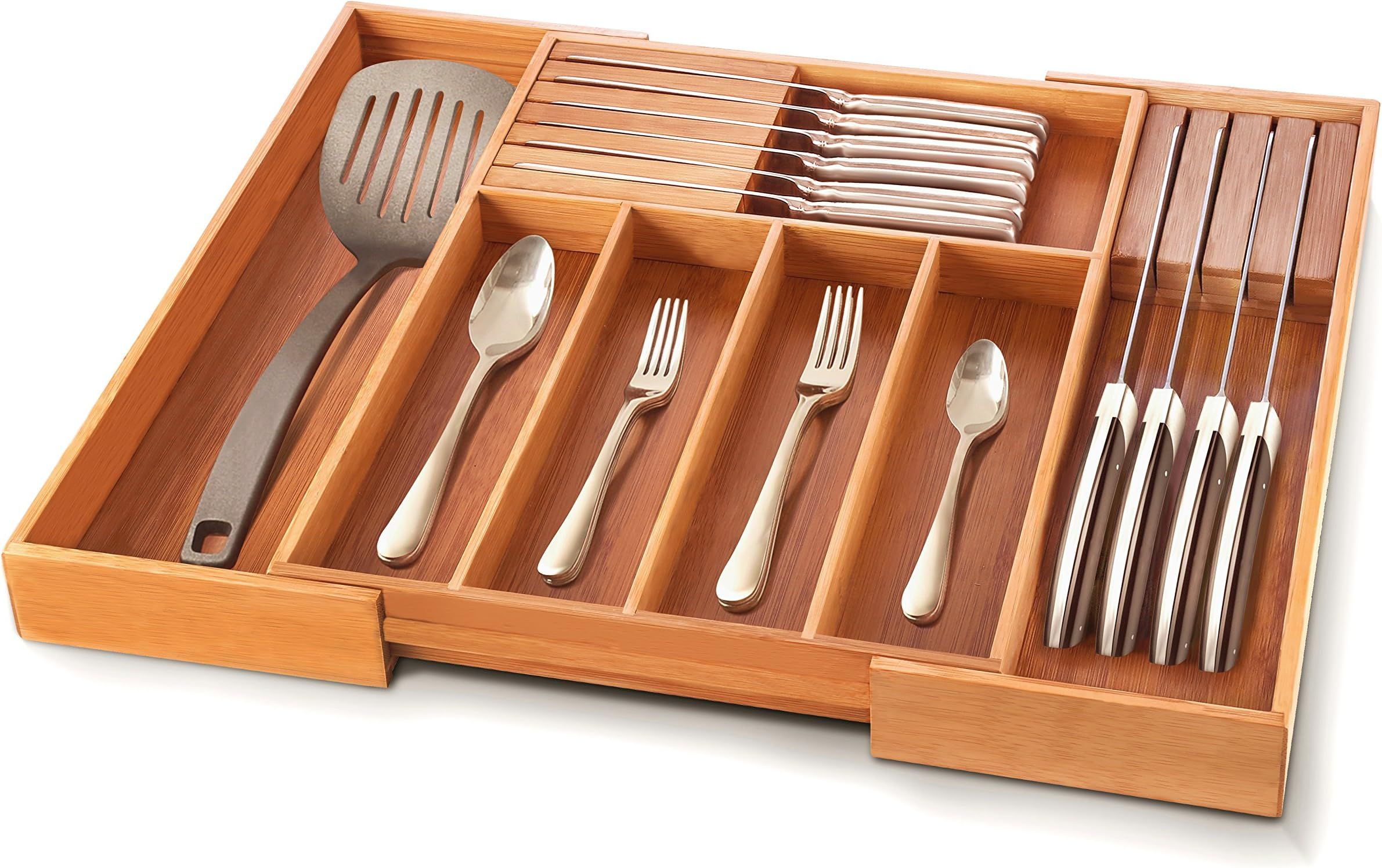 Bambüsi Silverware Drawer Organizer - Bamboo Expandable Cutlery Tray with 2 Removable Knife Blocks - | Amazon (US)