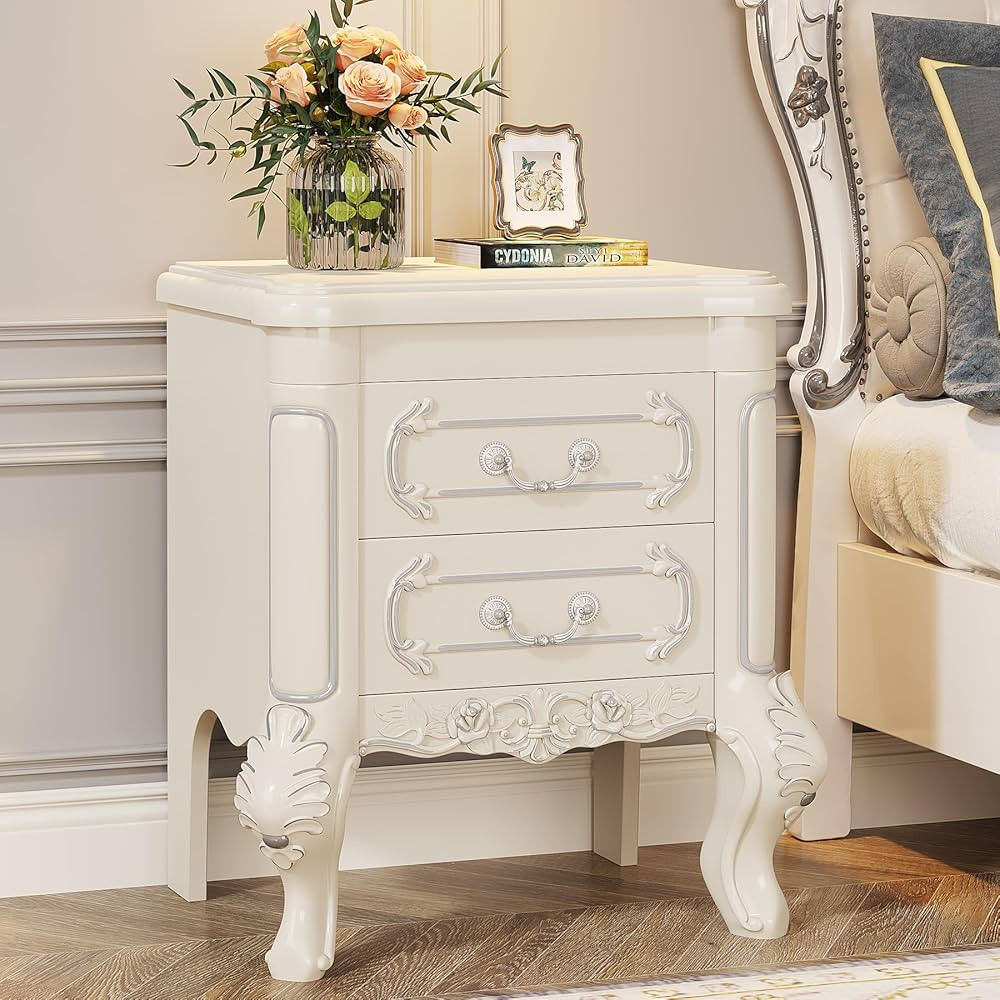 Tribesigns White Nightstand, End Table with 2 Drawers, Carved Bedside Tables, Side Table for Bedr... | Amazon (US)
