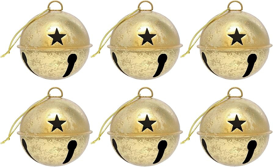 Haute Decor Jingle Bell Christmas Tree Ornaments, 3.35-inch Diameter, 6-Pack (Gold Foil) | Amazon (US)