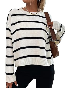 GORGLITTER Women's Striped Drop Shoulder Sweater Oversized Crew Neck Knit Sweaters Pullover Top | Amazon (US)