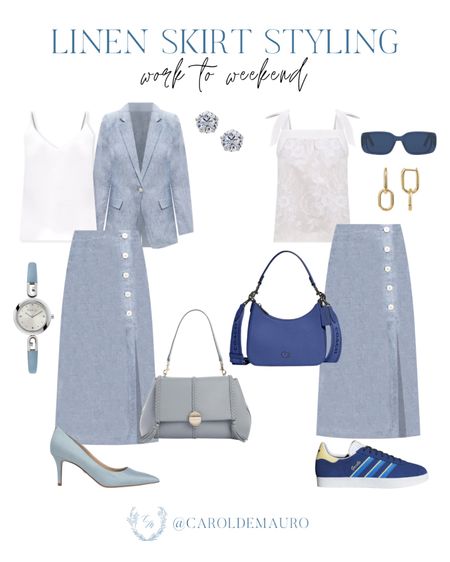 Transition this linen skirt from work to weekend with this two ways to style inspo!
#officeoutfit #summerfashion #capsulewardrobe #outfitidea #stylingtips

#LTKShoeCrush #LTKSeasonal #LTKItBag