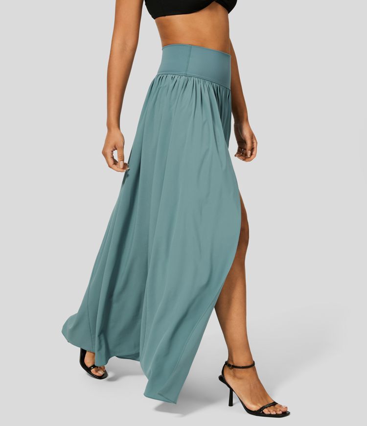 Breezeful™ High Waisted Plicated Split 2-in-1 Flowy Quick Dry Maxi Casual Skirt | HALARA