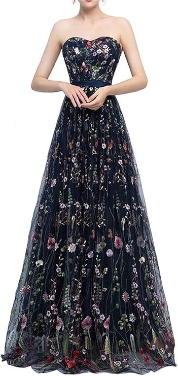 Women's Floral Embroidered Tulle Prom Maxi Dress A Line Evening Gowns A-Navy Blue | Amazon (US)