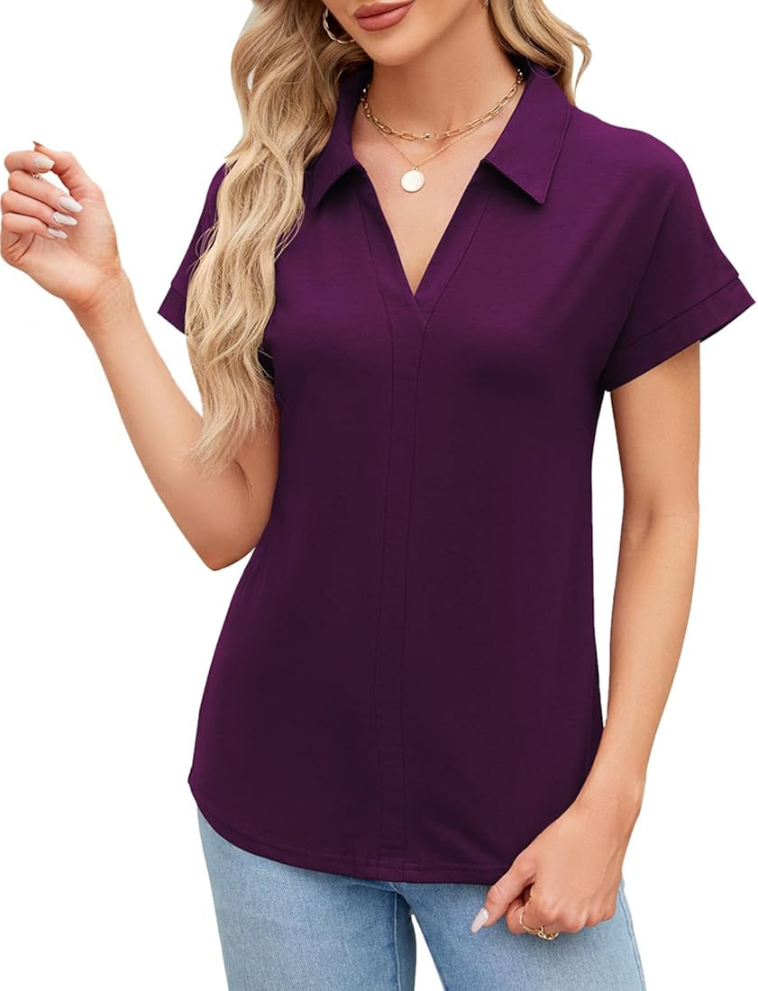 SimpleFun Womens Work Tops Business Casual V Neck Collared Summer Tunic Short Sleeve Blouses Shir... | Amazon (US)