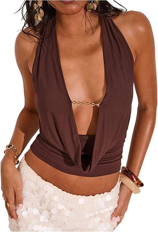 SweatyRocks Women's Y2k Sexy Halter Tops Deep V Neck Backless Low Cut Top Going Out | Amazon (US)