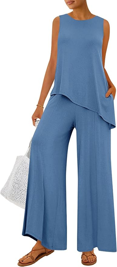 PRETTYGARDEN Women's 2026 Two Piece Matching Lounge Sets Asymmetrical Split Tank Tops Wide Leg Pa... | Amazon (US)