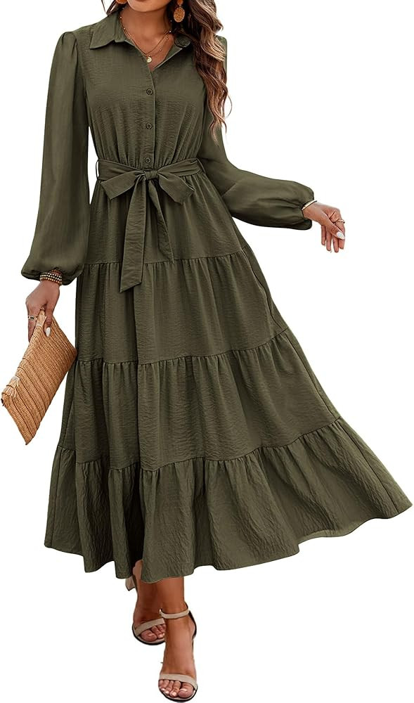 dowerme Women's Fall Dresses 2024 Long Sleeve V Neck Button Down Belted A-Line Flowy Ruffle Maxi ... | Amazon (US)