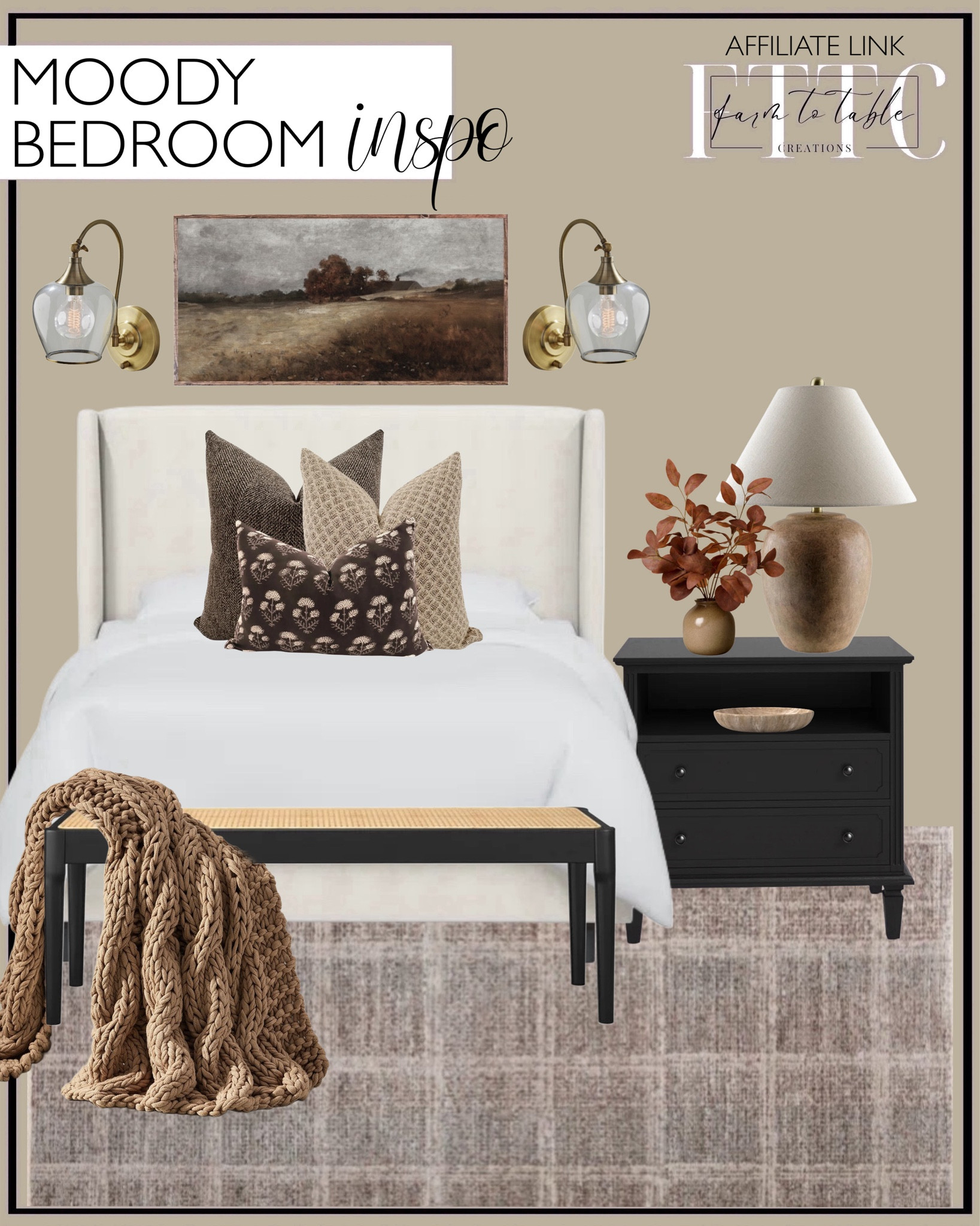 Moody Bedroom Inspo. Follow @farmtotablecreations on Instagram for more inspiration.

Use code FARMTOTABLE for 15% off  framed artwork. Recommended 20x40 over queen size bed.  

Moody Autumn Landscape Canvas. Tilly Upholstered Bed. Ultra-Soft All Season Comforter Set. Loloi Ember Fog / Dove area rug. Amberlyn 2-Drawer Nightstand with Built-In Outlets and Solid Wood Legs. Eustacia Ceramic Table Lamp
Tellis Marble Decorative Bowl 1. Eucalyptus arrangement. Hackner Home Autumn French Press Pillow Cover Set.  Tristen Solid Wood Bench. Colossal Handknit throw. Lucia Hand-Blown Recycled Glass Sconce. 

Fall Bedroom. Moody Bedroom. Fall Bedroom Decor. Cozy Bedroom. Budget Friendly Finds. 



#LTKHome #LTKFindsUnder50 #LTKSaleAlert