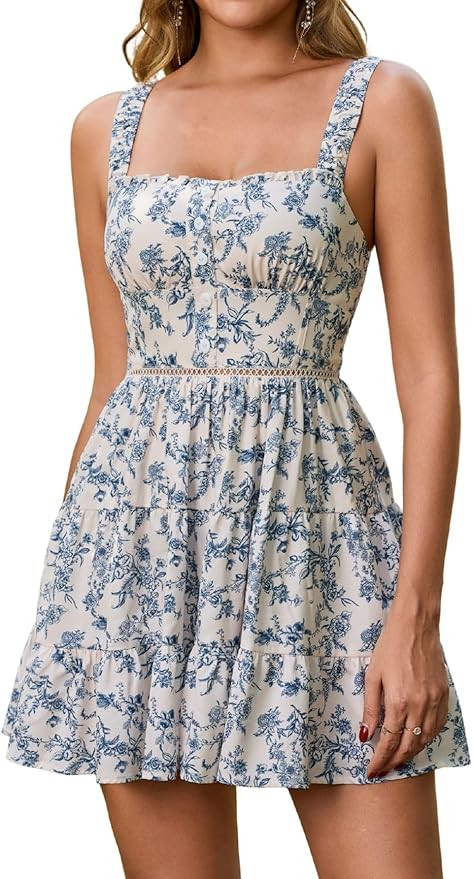 Parthea Summer Women Floral Square Neck Corset Mini Dress Smocked Ruffle Lace A Line Garden Party... | Amazon (US)