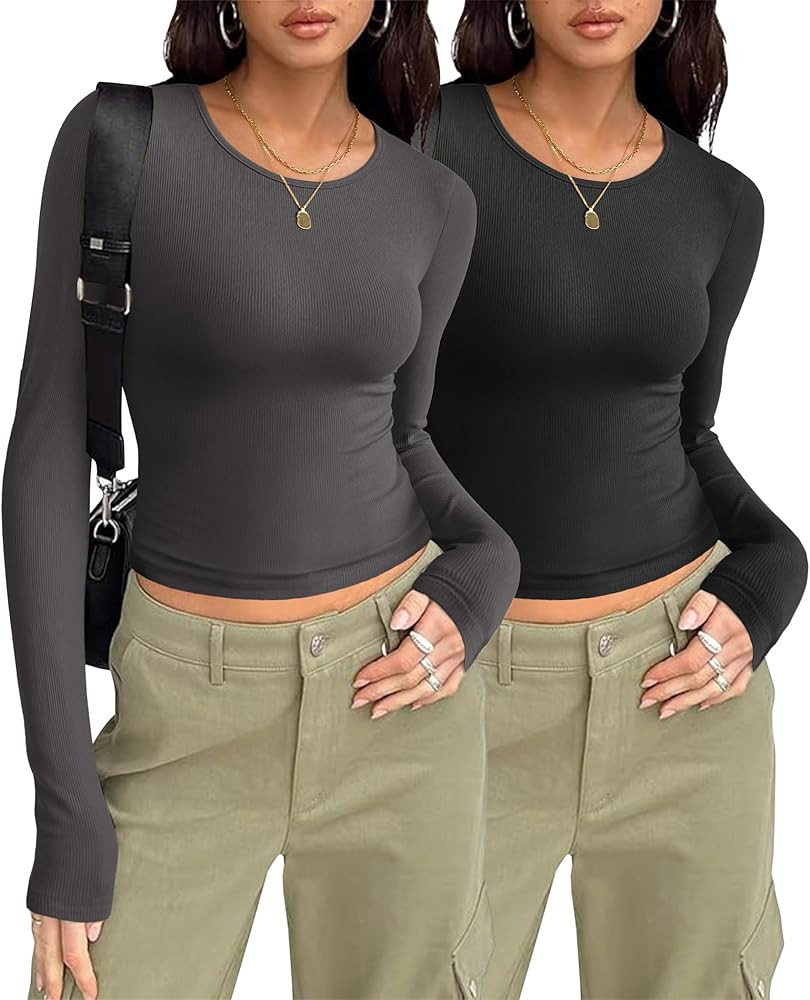 Zeagoo Womens Ribbed Fitted Crop Tops Long Sleeve T Shirts Basic Scoop Neck Casual Slim Fitted Y2... | Amazon (US)