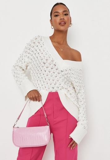 White Embellished V Neck Sweater | Missguided (US & CA)