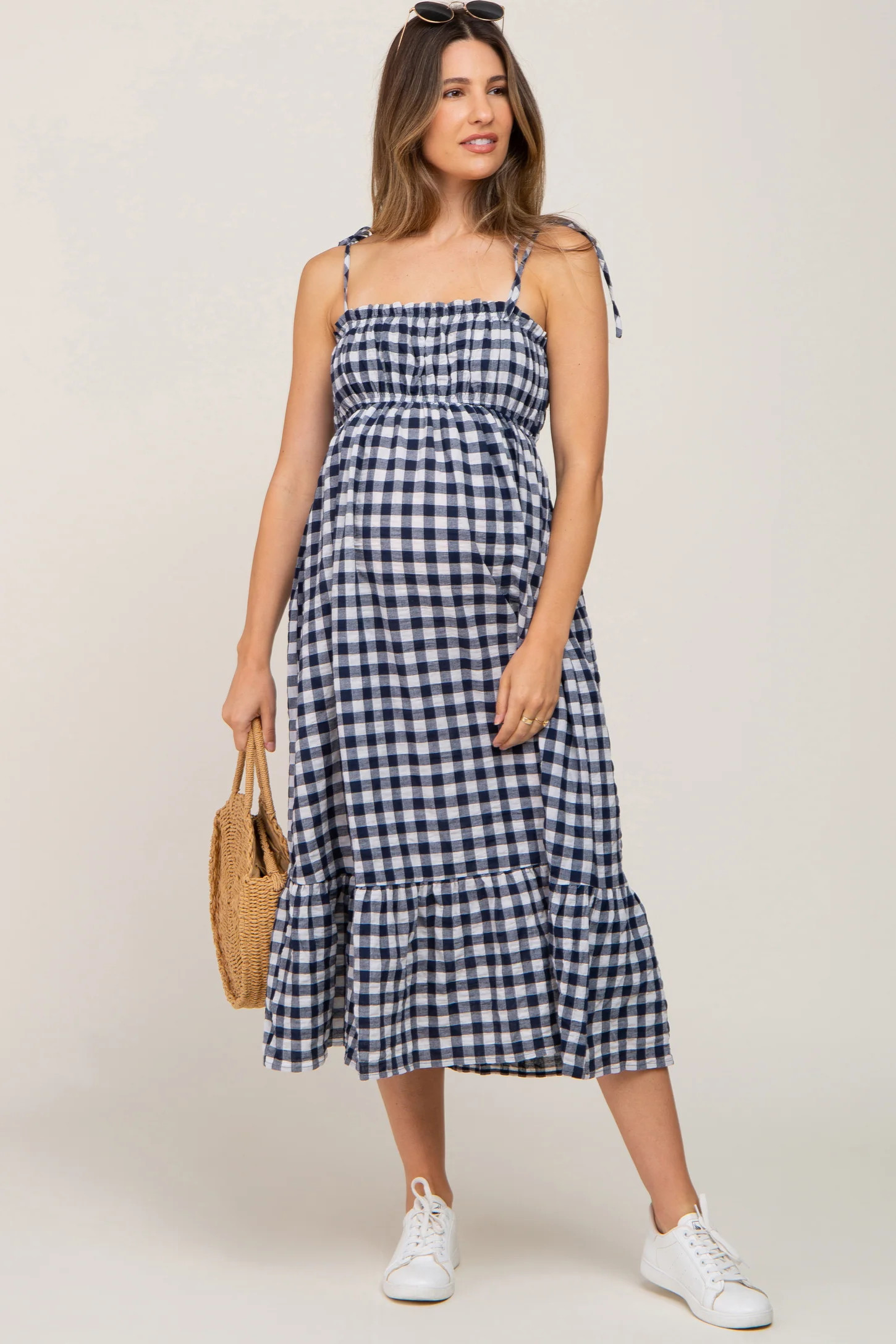 Navy Blue Gingham Square Neck Tie Strap Maternity Midi Dress | PinkBlush Maternity