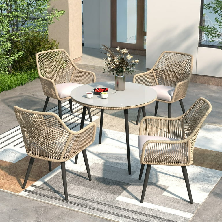 JOIVI 5-Piece Outdoor Patio Dining Set with Rattan Dining Chairs for 4-Person & Tempered Glass Ta... | Walmart (US)