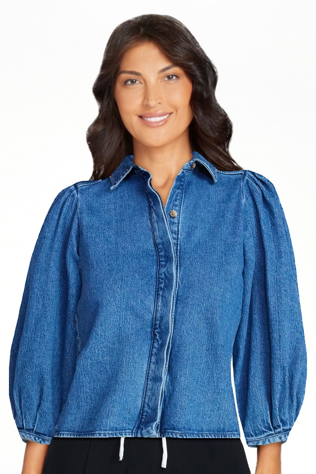 Scoop Women’s Denim Shirt with 3/4 Length Puff Sleeves, Sizes XS-XXL | Walmart (US)