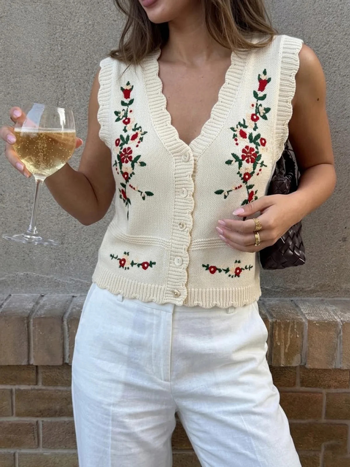 Floral Embroidered Knit Vest | Commense