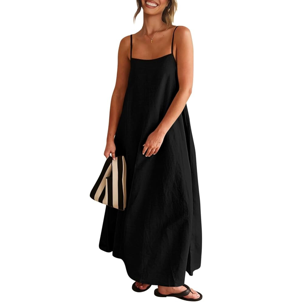Senllen Women's Linen Dress Summer Loose Flowy Sundress Contrast Spaghetti Strap Sleeveless Backl... | Amazon (US)