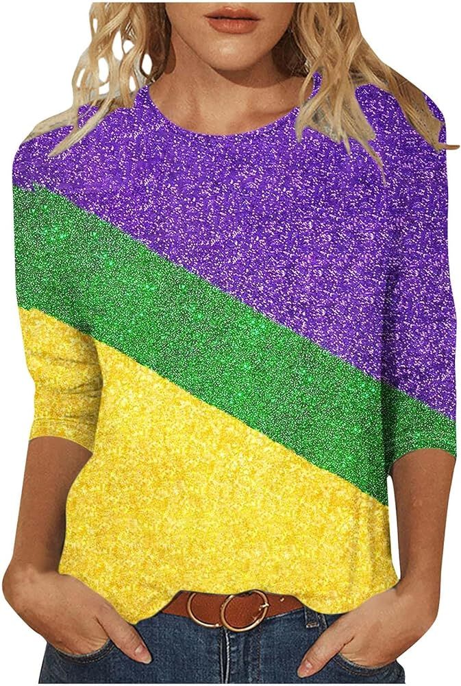 2024 Mardi Gras Shirt for Women Carnival Themed Outfit Party Mask Graphic 3/4 Sleeve Tunic Tops C... | Amazon (US)