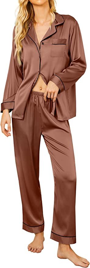 Ekouaer Satin Pajamas Women's Long Sleeve Sleepwear Silk Soft Button Down Loungewear Pjs Set S-XX... | Amazon (US)