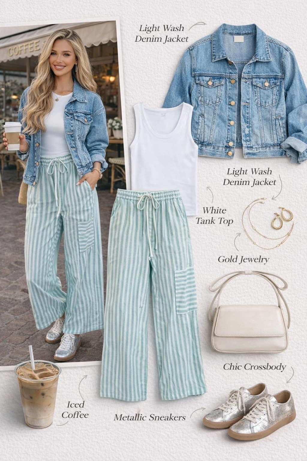 Effortless Coffee Date Outfit ☕✨ This casual chic outfit is the perfect blend of comfort and style, ideal for everyday wear, coffee runs, brunch dates, or casual outings. The look features a classic light wash denim jacket layered over a soft white tank top, paired with flowy striped wide-leg pants that create a relaxed yet polished silhouette. The combination is breathable, flattering, and easy to wear, making it a go-to outfit for spring and summer. Styled with metallic sneakers for all-day comfort, a neutral crossbody bag, and simple gold jewelry, this outfit gives that effortlessly put-together vibe without trying too hard. It’s a versatile look that works for busy moms, travel days, or anyone wanting an easy, stylish outfit you can throw on and still feel confident and elevated. Perfect if you love comfortable fashion that still looks trendy and put together. #casualoutfit #springoutfit #everydaystyle #amazonfashion #outfitinspo #fashioninspo #denimjacketoutfit #stripedpants #coffeerunoutfit #effortlessstyle #momstyle #comfortablefashion #chicstyle