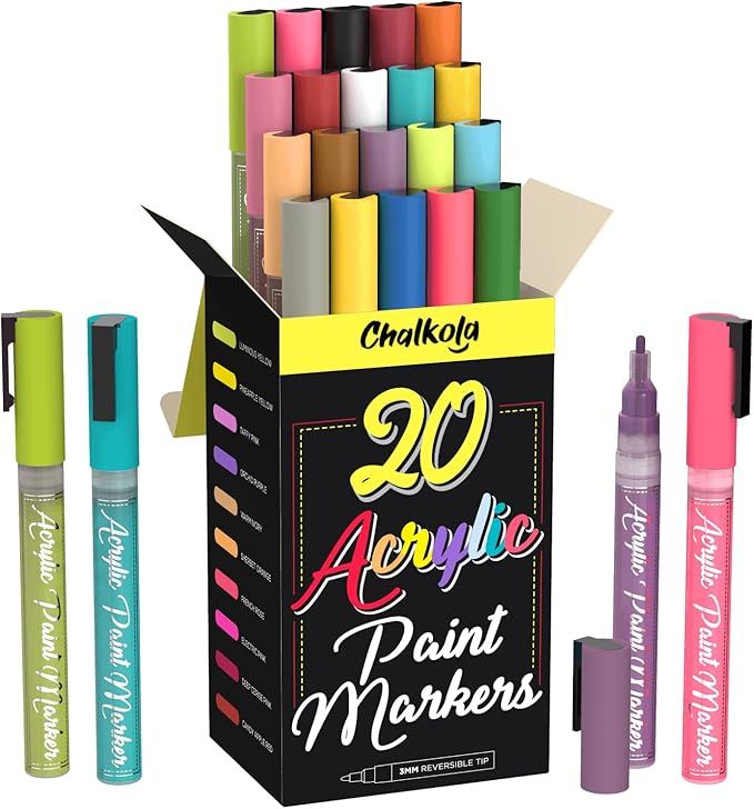 20 Acrylic Paint Markers for Canvas, Rocks, Ceramic, Glass, Fabric, Porcelain - Fine Tip Acrylic ... | Amazon (US)