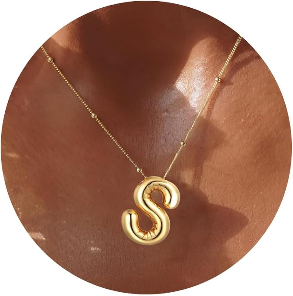 Gold Bubble Letter Necklace for Women, Balloon Initial Necklace Dainty Initial Letter Necklace 14... | Amazon (US)