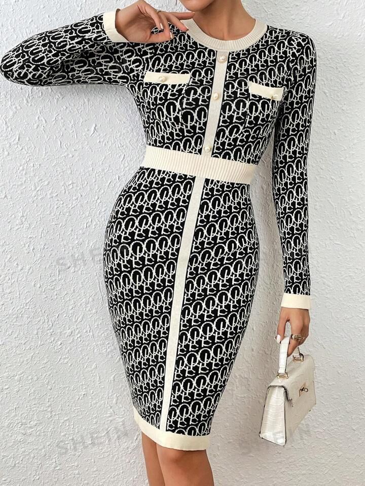 SHEIN Privé Full Print Pattern Button Decorated Sweater Dress | SHEIN