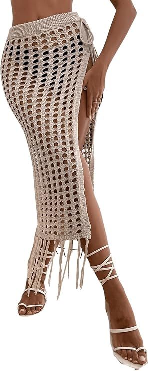 Verdusa Women's Fringe Split Knitted Swimsuit Beach Crochet Cover Up Skirt | Amazon (US)