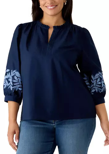 Plus Size 3/4 Blouson Sleeve Embroidered Ruffle Top | Belk