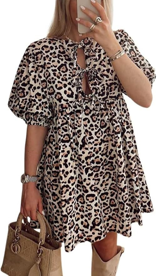 Women Casual Summer Puff Sleeve Mini Dress Bow Tie Front Y2K Babydoll Cut High Waist Peplum Dress | Amazon (US)