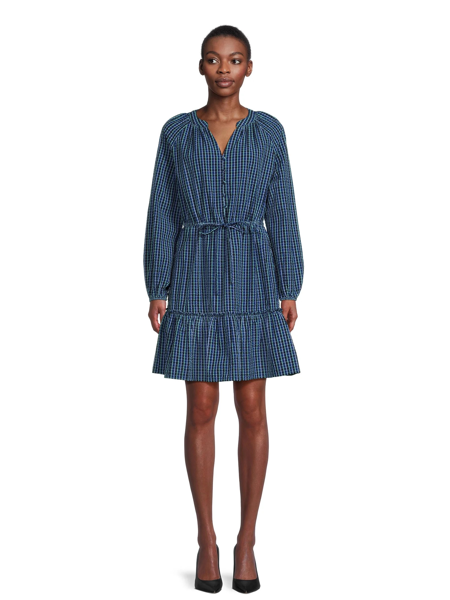 Time and Tru Women's Long Sleeve Micro Plaid Dress | Walmart (US)