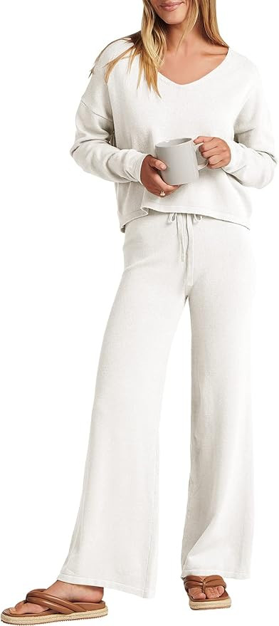 ANRABESS Women’s Two Piece Outfits Long Sleeve V Neck Crop Top with High Waist Wide Leg Pants S... | Amazon (US)