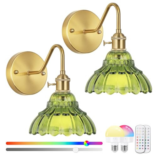 Vintage Battery Operated Wall Sconces Set Of Two, Indoor not Hardwired Brass Green Glass Lampshade Fixtures,Rechargeable Wireless RGB Wall Lights with Dimmable Remote Control,for Bedroom Living Room | Amazon (US)