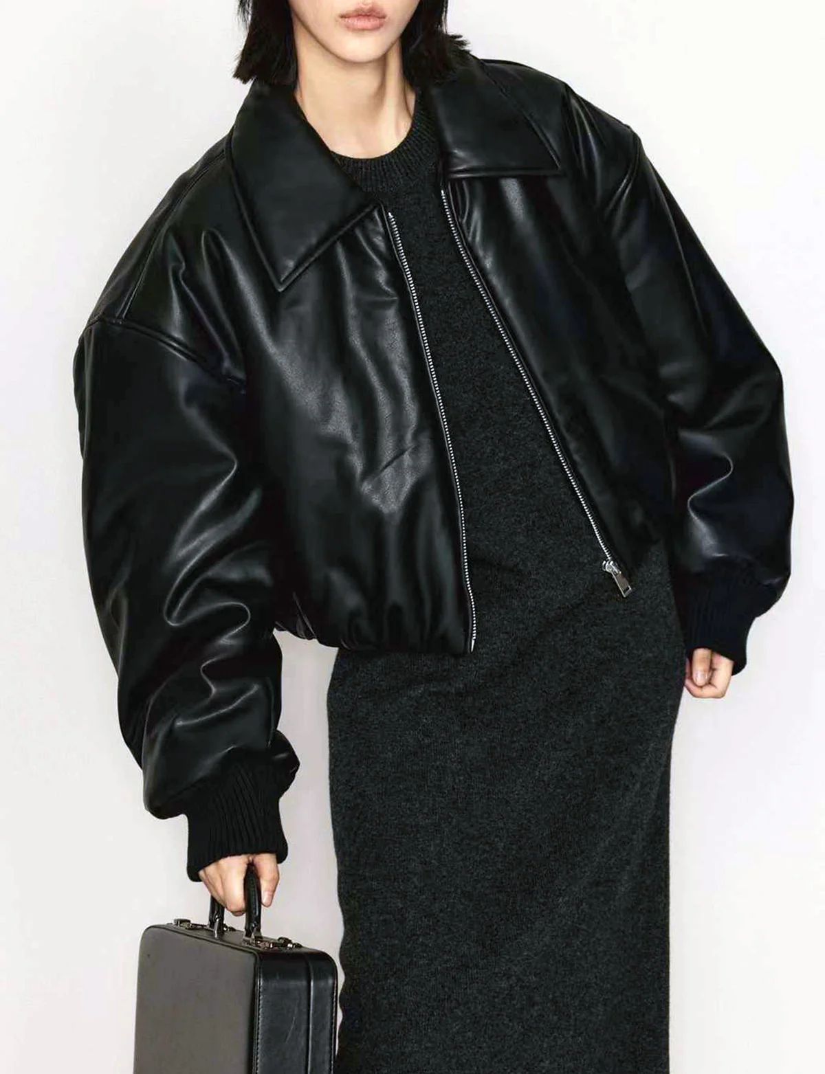 Black Faux-Leather Bomber Jacket | Pixie Market