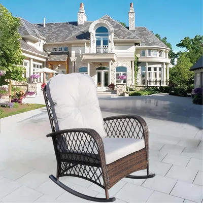 Outdoor Wicker Rocking Chair with Wide Seat, Thick, Soft Cushion, Rattan Rocker w/Steel Frame, High Weight Capacity for Patio, Garden, Backyard, Cushi | Wayfair North America