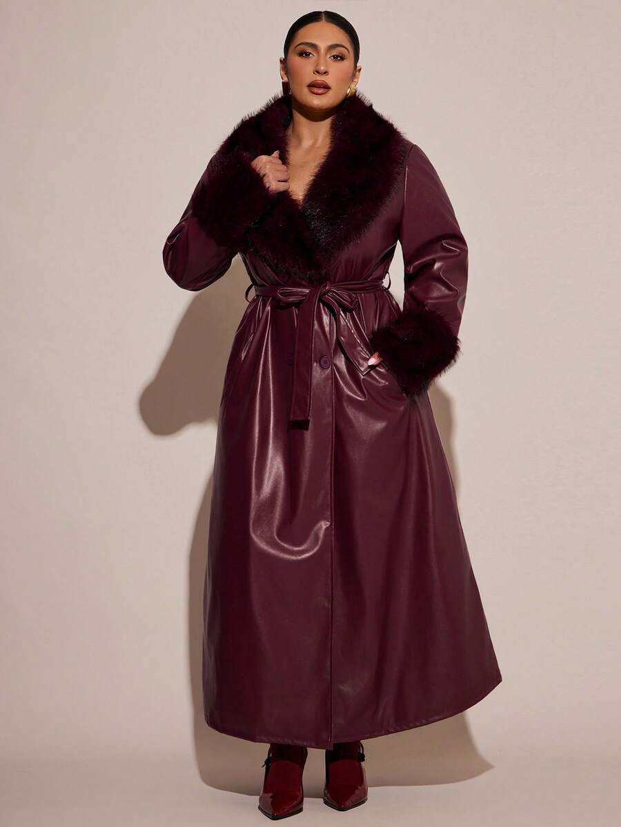 SHEIN BAE Women's Fashionable Long Leather Jacket For Commuting, Autumn/Winter Burgundy | SHEIN