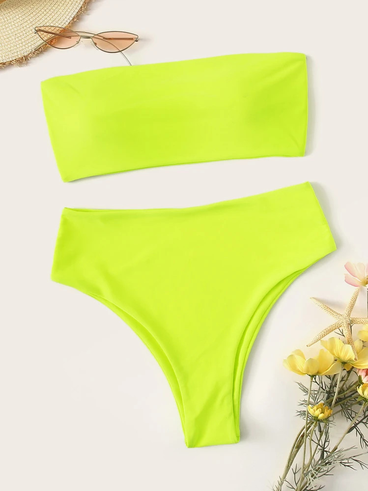 Neon Lime Bandeau High Waist Bikini Set Summer Beach | SHEIN