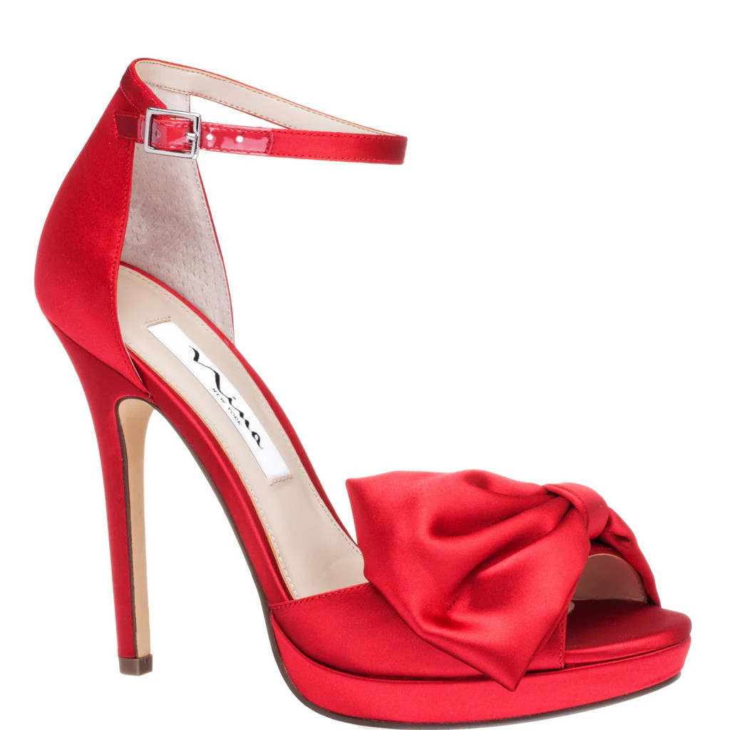 FLOSIE-RED  SATIN PLATFORM BOW PEEP-TOE STILETTO DRESS SANDAL | Nina Shoes