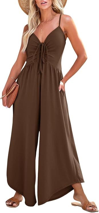 Dokotoo Womens Jumpsuits Spaghetti Straps Ruched Drawstring Knit Wide Leg Romper Casual Jumpsuits... | Amazon (US)