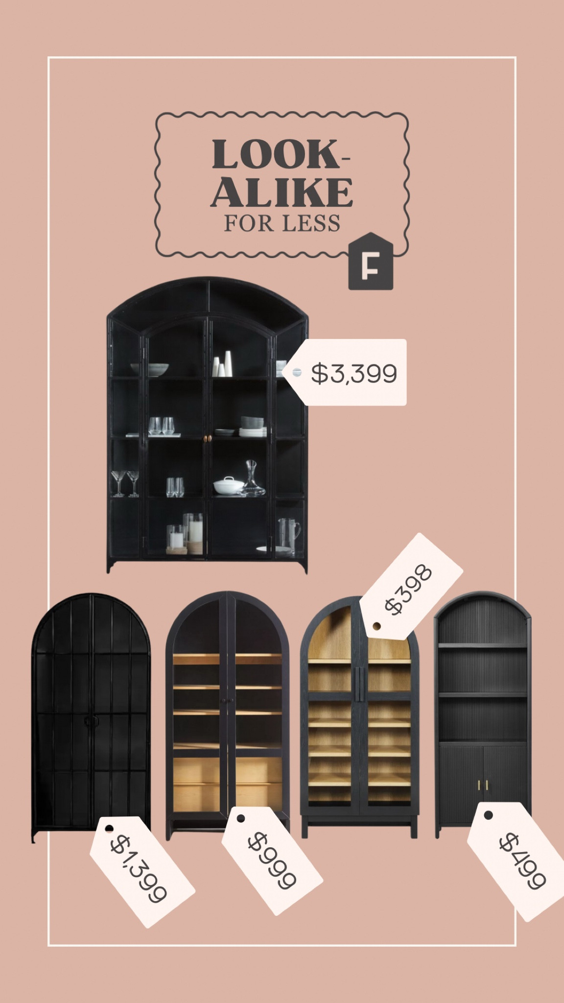 We have this cabinet and love using it for storage and display in our dining room. I found some great look-alikes for less, they’re all linked below!