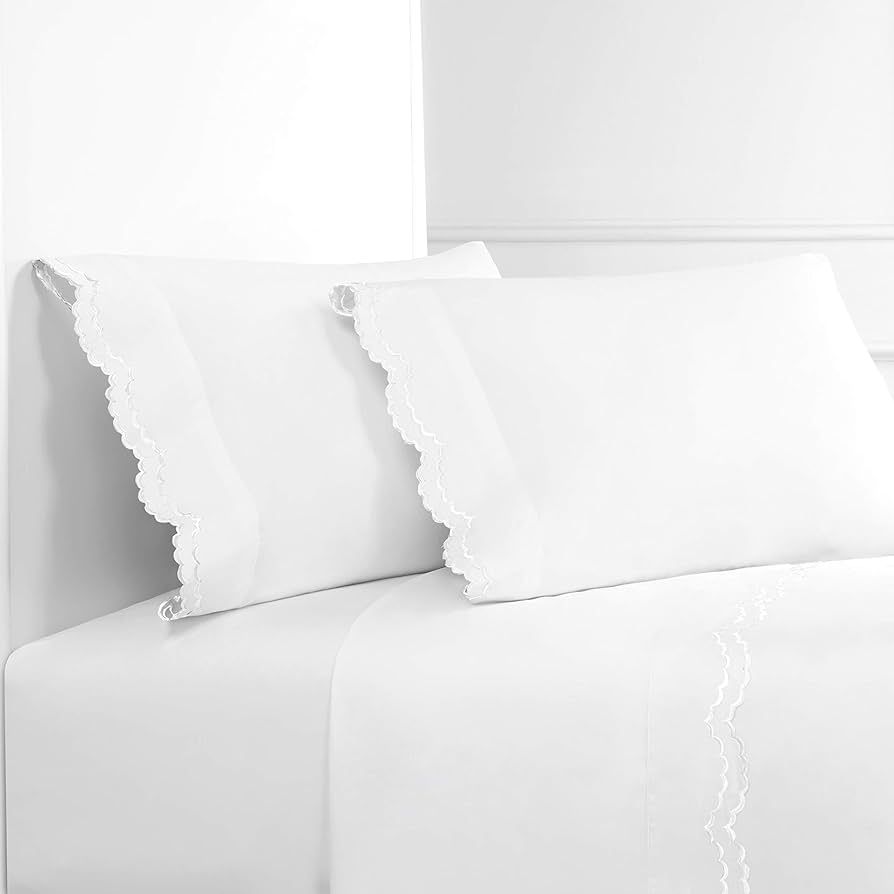 Melange Home Percale Cotton Double Scalloped Embroidered KG, King Sheet Set, White on White | Amazon (US)