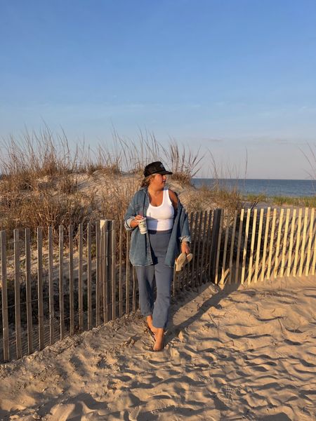 Spring beach look, American eagle joggers and Abercrombie white ribbed basic tank, Jean jacket, spring transitional look, casual outfit for spring 

#LTKunder50 #LTKcurves #LTKstyletip