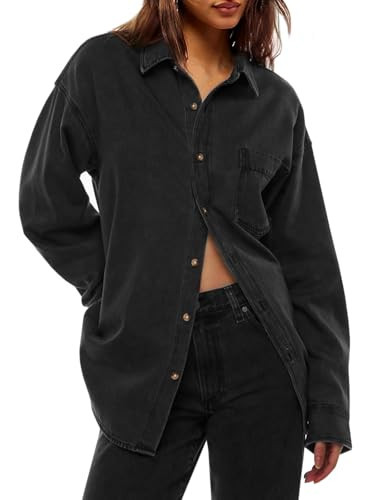 Cicy Bell Womens Oversized Denim Shirt Jean Jacket Button Down Shirts Long Sleeve Tops Trendy Shackets 2026 Spring Fashion Outfits Clothes Black | Amazon (US)
