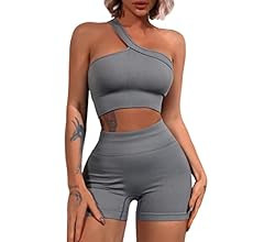 QINSEN Workout Sets for Women 2 Piece Seamless One Shoulder Sport Bra High Waist Shorts GMY Yoga ... | Amazon (US)